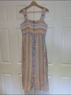 C&C California Pastel Pink Blue Striped 100% Linen Midi Sundress Coastal Cowgirl